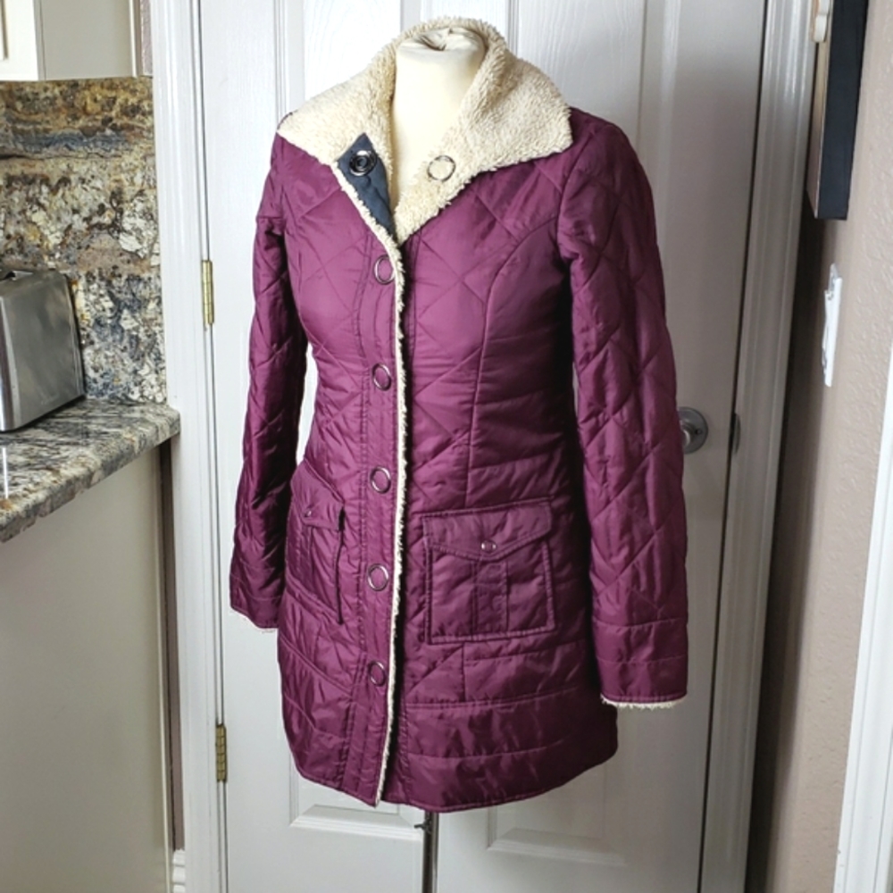 Free People burgandy wine quilted long jacket